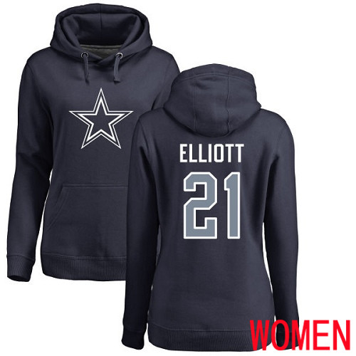 Women Dallas Cowboys Navy Blue Ezekiel Elliott Name and Number Logo 21 Pullover NFL Hoodie Sweatshirts